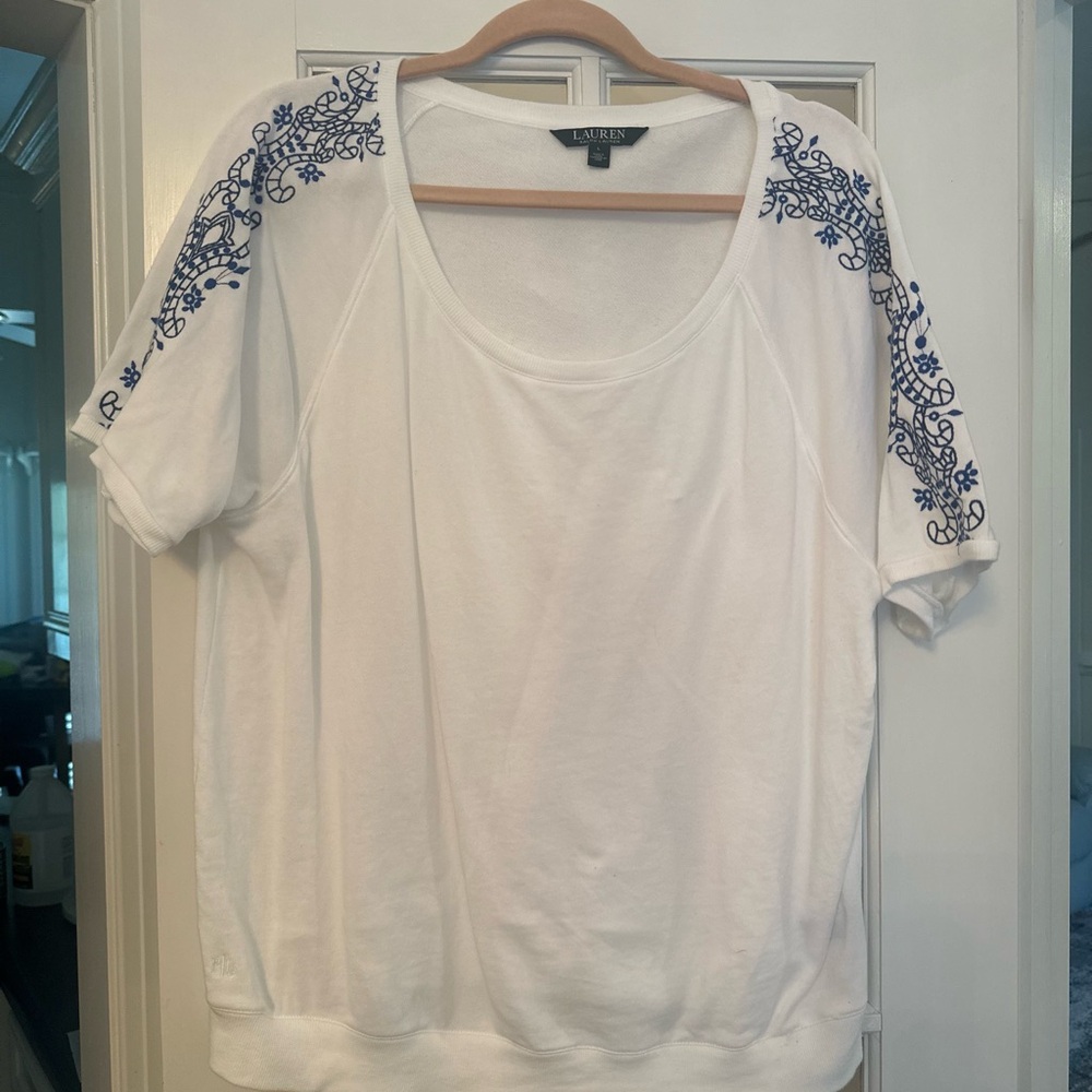 White Top with Blue Embroidery